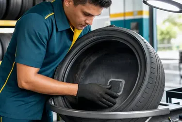 Profissional consertando um pneu em uma borracharia.