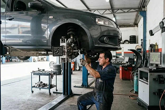 Técnico ajustando o alinhamento das rodas de um carro.