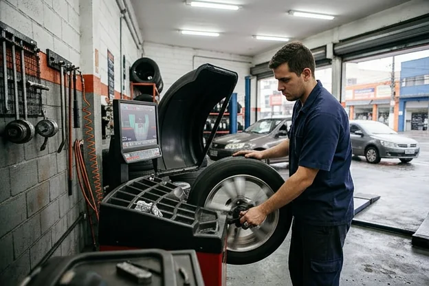 Técnico realizando balanceamento de rodas em um veículo.