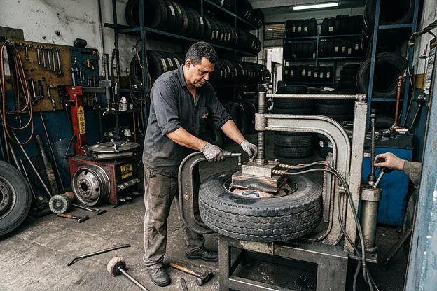 Técnico realizando vulcanização de um pneu em uma borracharia.
