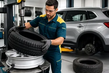 Técnico trocando um pneu em uma borracharia.